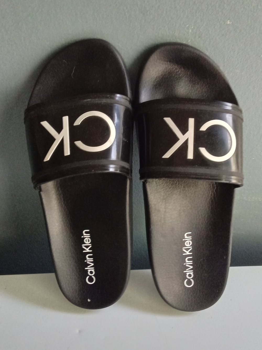 Calvin Klein Mens Black White CK‎ Logo Slide Sandals Slip On Shoes